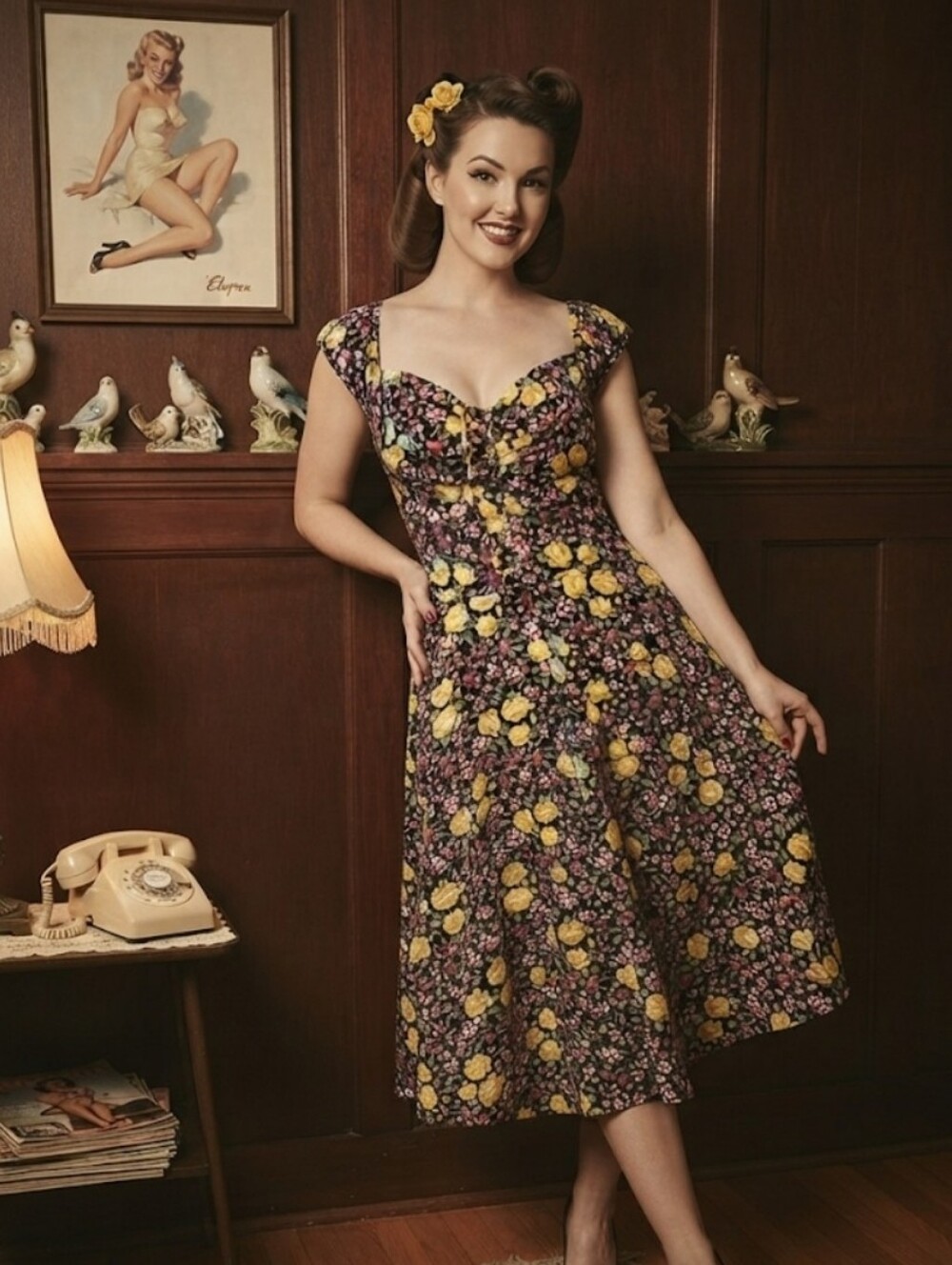 Floral Sweetheart Midi Dress in Black with Yellow Rose Print